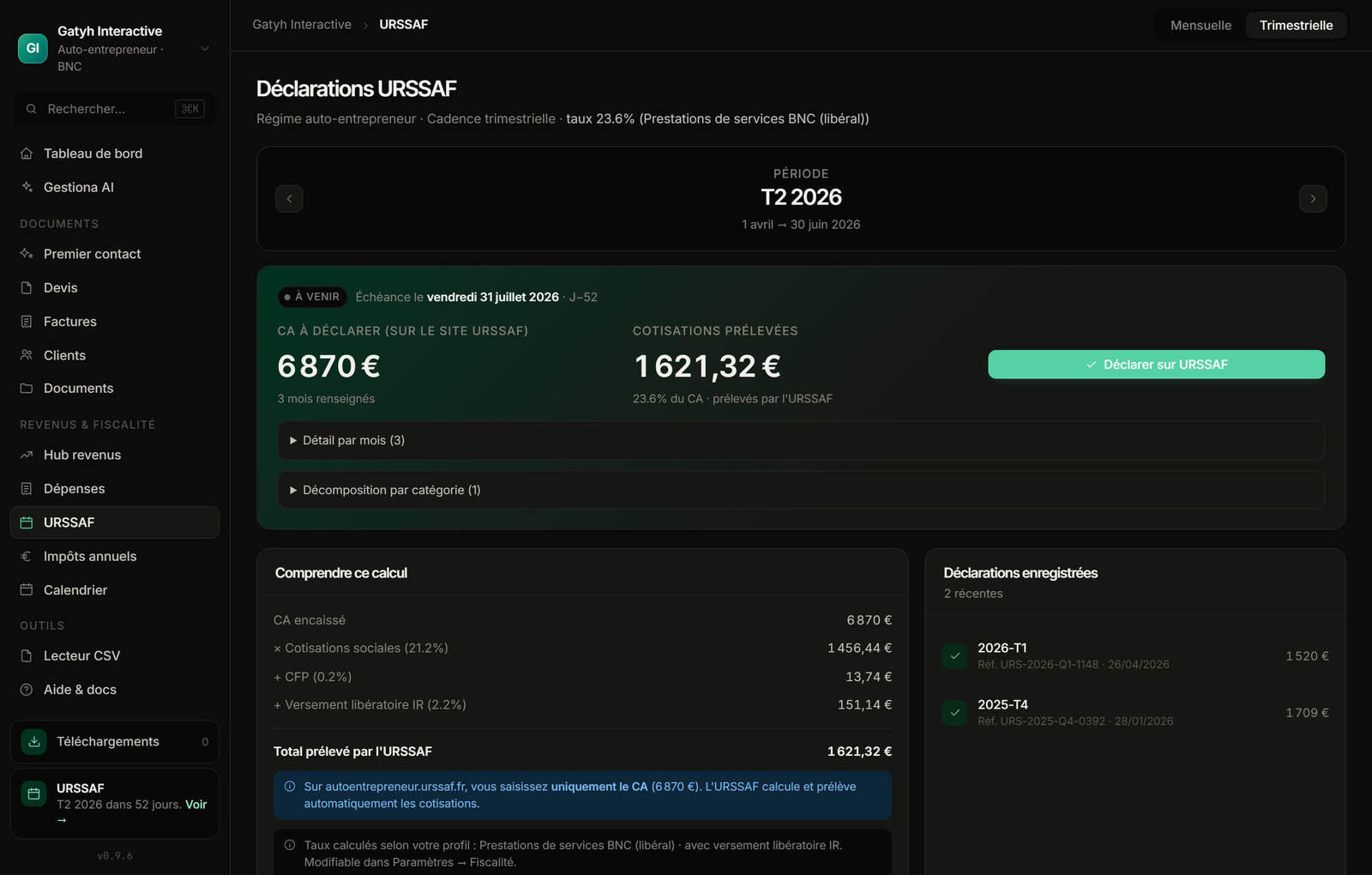 Déclaration URSSAF T1 2026 — calcul automatique des cotisations